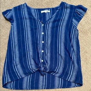 Harper Blue Flutter Sleeve Linen Blend Blouse with Tie Front
